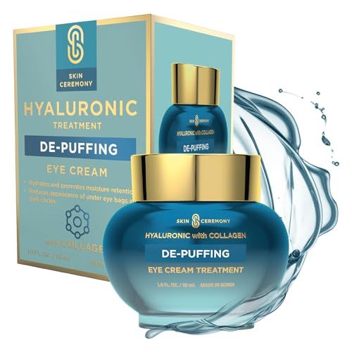 Skin Ceremony Hyaluronic Acid &amp; Collagen De-Puffing Eye Cream - Reduces Under Eye Bags &amp; Dark Circles, Hydrates - Dermatologist Tested, Korean Skin Care for All Skin Types - 1.0 Fl. Oz