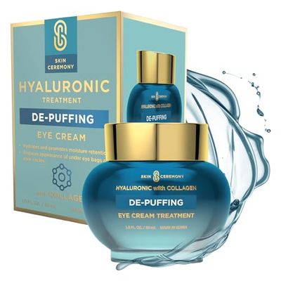 Skin Ceremony Hyaluronic Acid &amp; Collagen De-Puffing Eye Cream - Reduces Under Eye Bags &amp; Dark Circles, Hydrates - Dermatologist Tested, Korean Skin Care for All Skin Types - 1.0 Fl. Oz