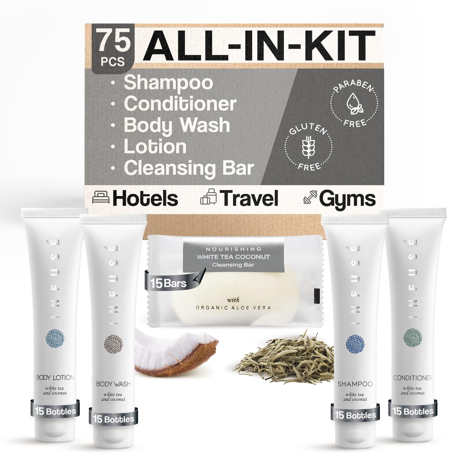 Infuse Pure White Tea and Coconut All-In-Kit Hotel Soaps and Toiletries Bulk Set | 1oz Shampoo &amp; Conditioner, Body Wash, Lotion &amp; 1.25oz Bar Soap | Travel Size 75 Pieces.