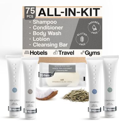 Infuse Pure White Tea and Coconut All-In-Kit Hotel Soaps and Toiletries Bulk Set | 1oz Shampoo &amp; Conditioner, Body Wash, Lotion &amp; 1.25oz Bar Soap | Travel Size 75 Pieces.