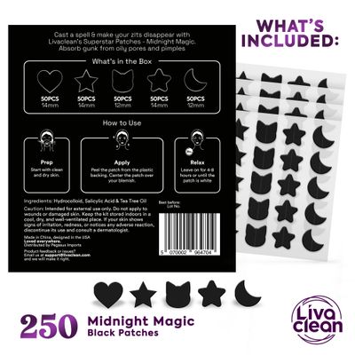 LivaClean 250CT Black Star Pimple Patches Midnight Magic w/Salicylic Acid &amp; Tea Tree Oil - Pimple Patches for Face, Hydrocolloid Acne Patches, Cute Face Stickers, Zit Patches