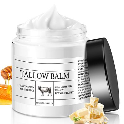 Organic Grass-Fed Beef Tallow For Skin Tallow And Honey Balm Beef Tallow Moisturizer, Deep Moisturizing For Face, Body Lotion Natural Skin Care (4 Fl. Oz.) (White, 1PC)