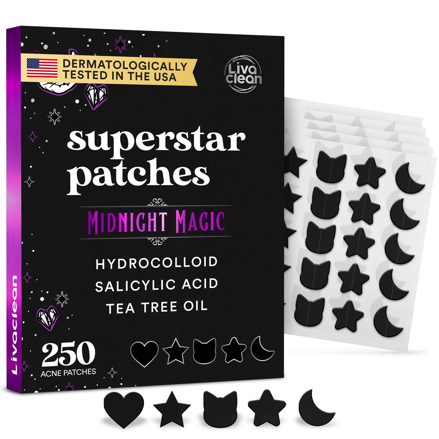 LivaClean 250CT Black Star Pimple Patches Midnight Magic w/Salicylic Acid &amp; Tea Tree Oil - Pimple Patches for Face, Hydrocolloid Acne Patches, Cute Face Stickers, Zit Patches