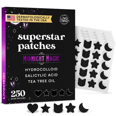 LivaClean 250CT Black Star Pimple Patches Midnight Magic w/Salicylic Acid &amp; Tea Tree Oil - Pimple Patches for Face, Hydrocolloid Acne Patches, Cute Face Stickers, Zit Patches