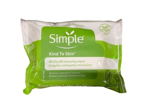 Simple Kind to Skin Cleansing Wipes Micellar 4 Count Gentle and Effective Makeup Remover Free From Color and Dye, Artificial Perfume and Harsh Chemicals 25 Wipes