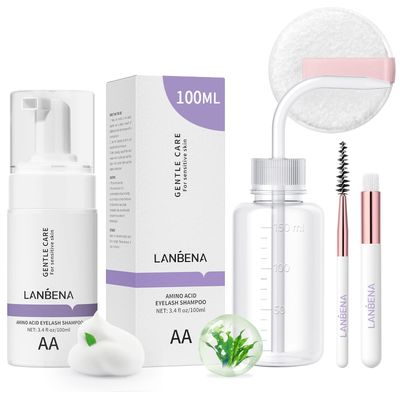 LANBENA Lash and Eyelash Cleanser Kit 100ml - Amino Acid Foam for Sensitive Skin, Makeup Remover, Paraben &amp; Sulfate Free