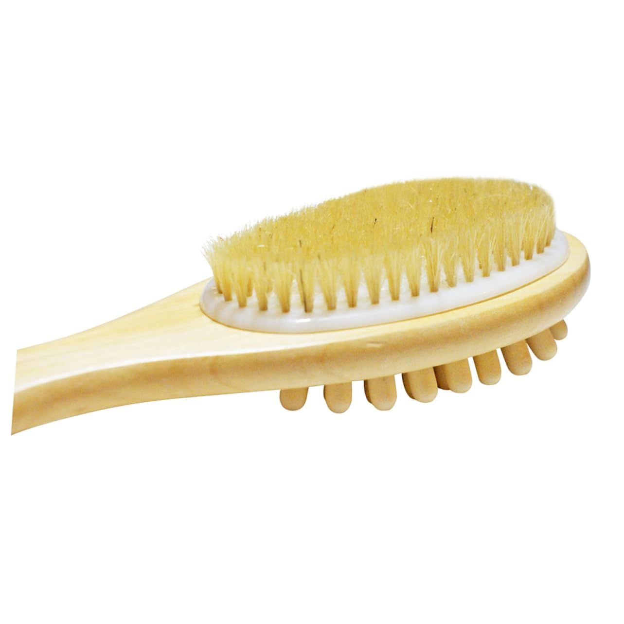 Mikinona Wooden Double Sided Shower Brush with Long Handle Exfoliating Bristle Body Brush for Bath and Shower for Cleaning and Massaging Skin Suitable for Men and Women
