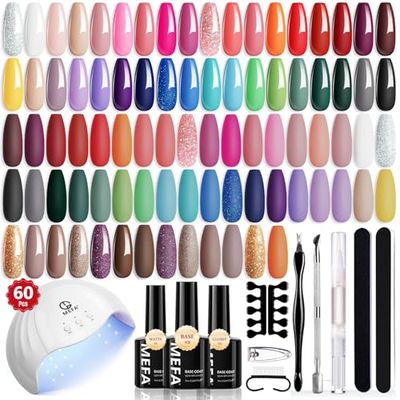 MEFA 60 Pcs Gel Nail Polish Kit with U V Light, 42 Colors All Seasons Collection Nude Colorful Gel Polish Essential Set with 5 Psc Matte/Glossy Base Top Coat, Cuticle Remover, Salon Gifts for Women