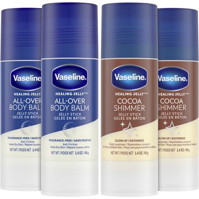 Vaseline Lotion Bundle, Cocoa Shimmer Jelly Stick Highlighter &amp; Luminizer + All Over Body Balm Stick, Vaseline Cocoa Butter, Body Balm Skin Care Set, Petroleum Jelly for Dry Skin (4 Piece Set)