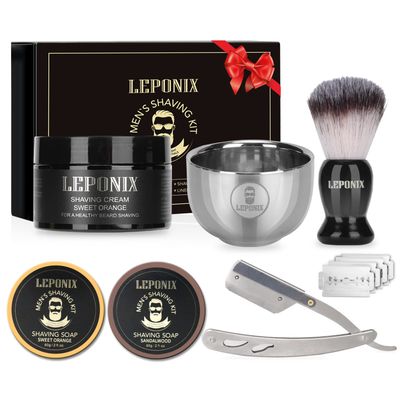 Straight Razor Shaving Kit, Includes 2 Packs Shaving Soap, Straight Edge Razor, Shaving Cream,Shaving Brush and Bowl Shaving Unique Gifts Set Stocking Stuffers for Men Him Dad (Sweat Orange)