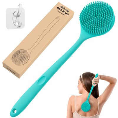 Manmihealth Silicone Back Scrubber for Shower(Thick Bristles), Body Scrubber with 15&#39;&#39; Long Handle, Light &amp; Easy-to-Hold Shower Brush for Skin Exfoliating and Massaging, Not Good in Lathering. (Blue)