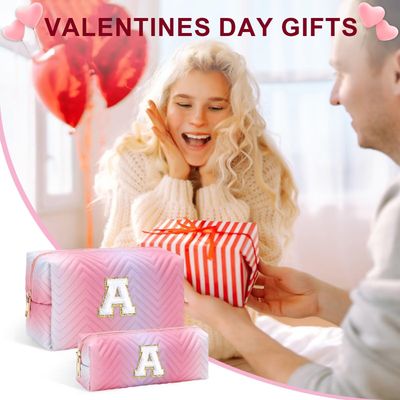 YOOLIFE Initial Makeup Bag - Valentines Day Gifts, Pink Cosmetic Bags for Women, Personalized Monogrammed Makeup Bag, Travel Toiletry Bag Skincare Bag for Women, Travel Gifts for Women K
