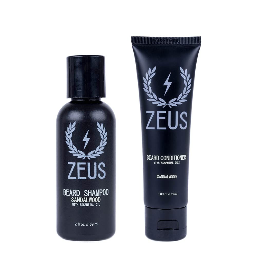 ZEUS Travel Size Beard Wash &amp; Beard Conditioner Set for Men - Soften, Hydrates &amp; Moisturizes - MADE IN USA (Sandalwood)