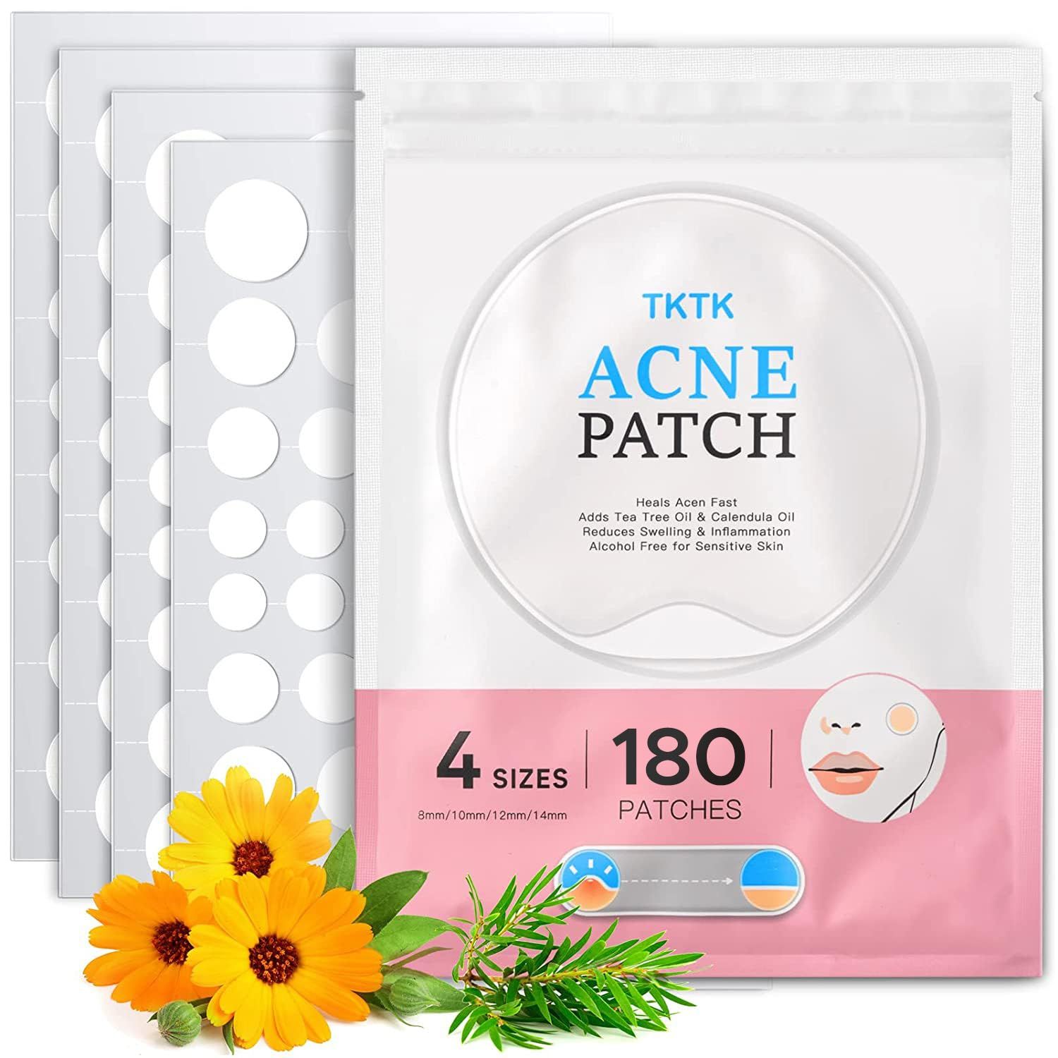 TKTK Pimple Patches Acne Patches for Face, 4 Sizes 180 Patches Hydrocolloid Acne Cover Patch, Clear Easy To Peel Acne Absorbing Zit Patch with Tea Tree &amp; Calendula Oil