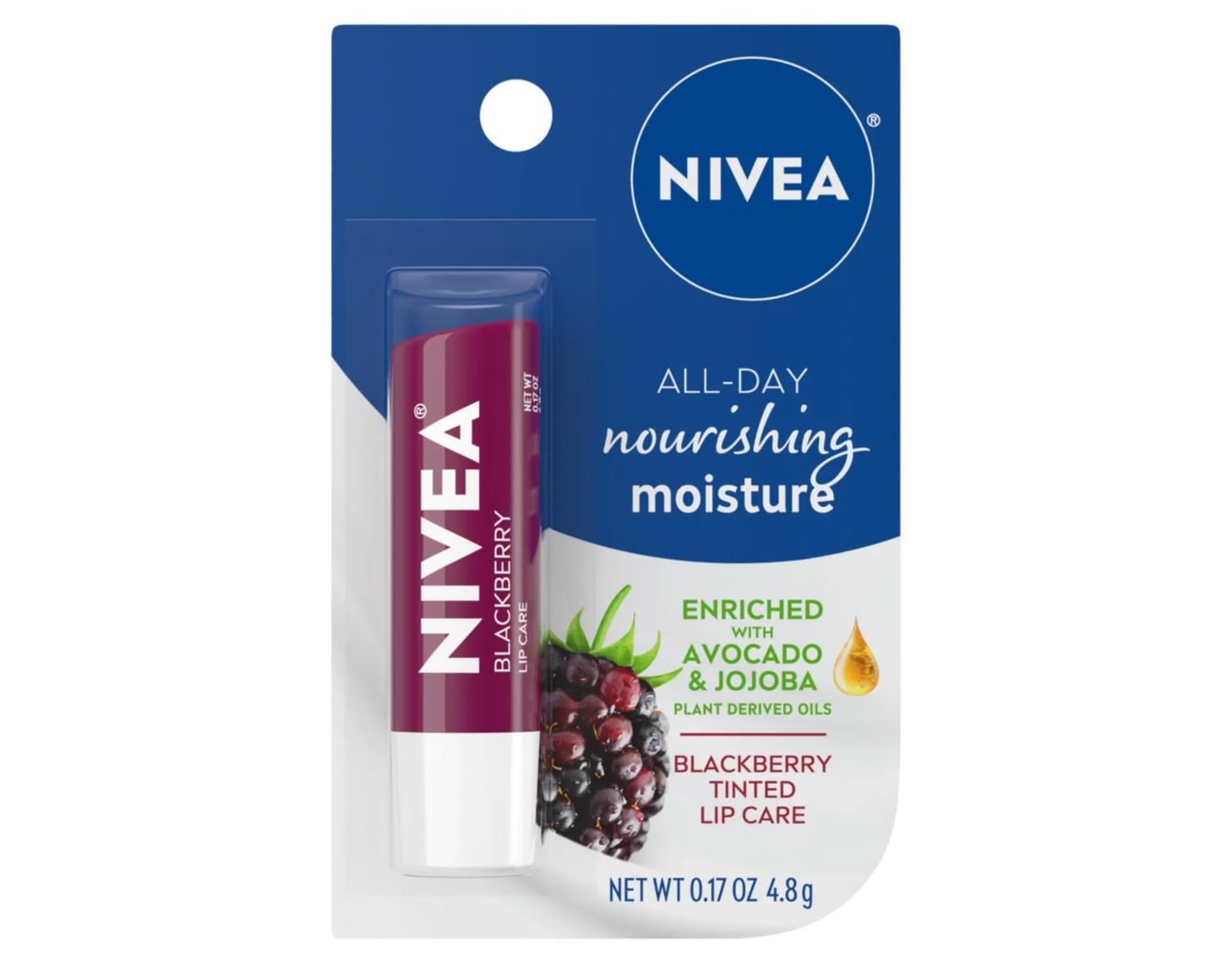 NIVEA Lip Balm, Blackberry Flavored Tinted Lip Balm Stick with Shea Butter and Jojoba Oil, 0.17 Oz, Pack of 1