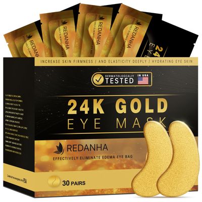 REDANHA 30 Pairs 24K Gold Under Eye Patches Face Masks Dark Circles Puffy Eye Bags Collagen Skincare Spa Trip Eye Mask Gift