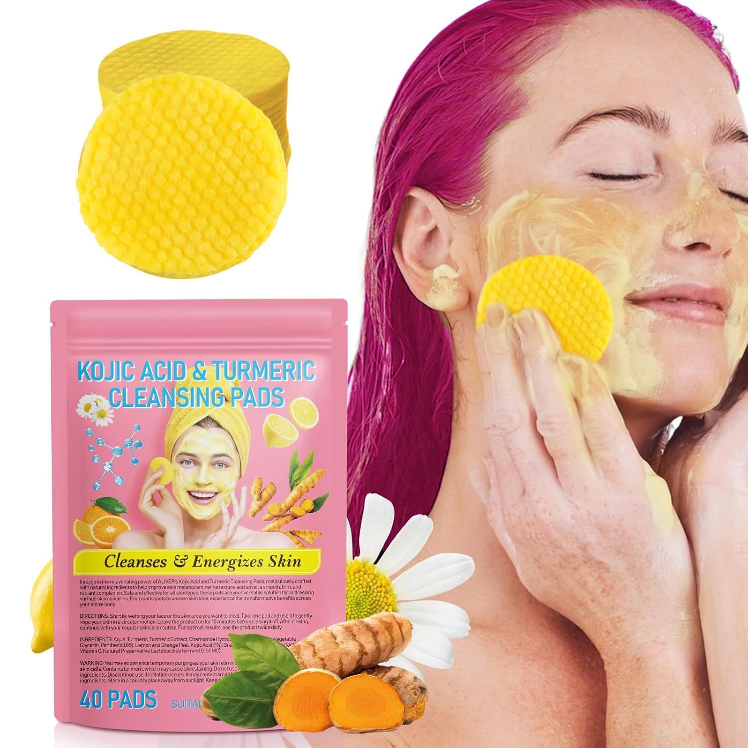 Turmeric Kojic Acid Cleansing Pads for Face and Body 40 PCS(1 Pack), Turmeric Cleansing Pads for Dark Spots, Balance Skin Oil and Water, Gentle &amp; Non-Irritating and Remove Excess Keratin from Skin