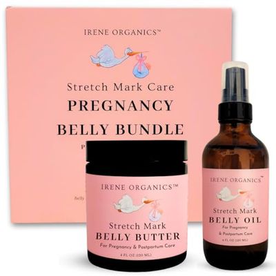 Irene Organics Belly Bundle Organic Belly Butter and Oil for Pregnancy Stretch Mark Prevention and Treatment - Award Winning Skincare For Pregnancy and Postpartum - Mother&#39;s Day Gift Set (Small)