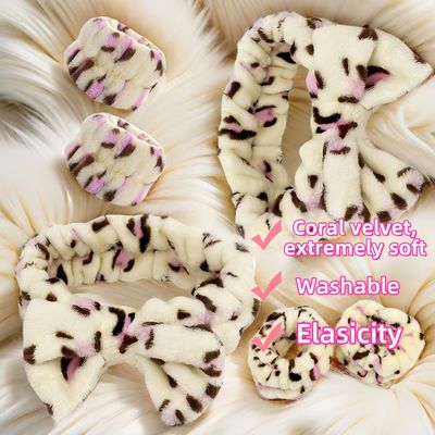 YYHDTYFY 6 Pcs Face Wash Headband Wristband Set Spa Hair Wraps Bow Hair Band Soft Coral Fleece Facial Makeup Head Wraps Skincare Bath Wrist Bands Hair accessories for Women Girls(Leopard)