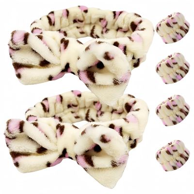YYHDTYFY 6 Pcs Face Wash Headband Wristband Set Spa Hair Wraps Bow Hair Band Soft Coral Fleece Facial Makeup Head Wraps Skincare Bath Wrist Bands Hair accessories for Women Girls(Leopard)