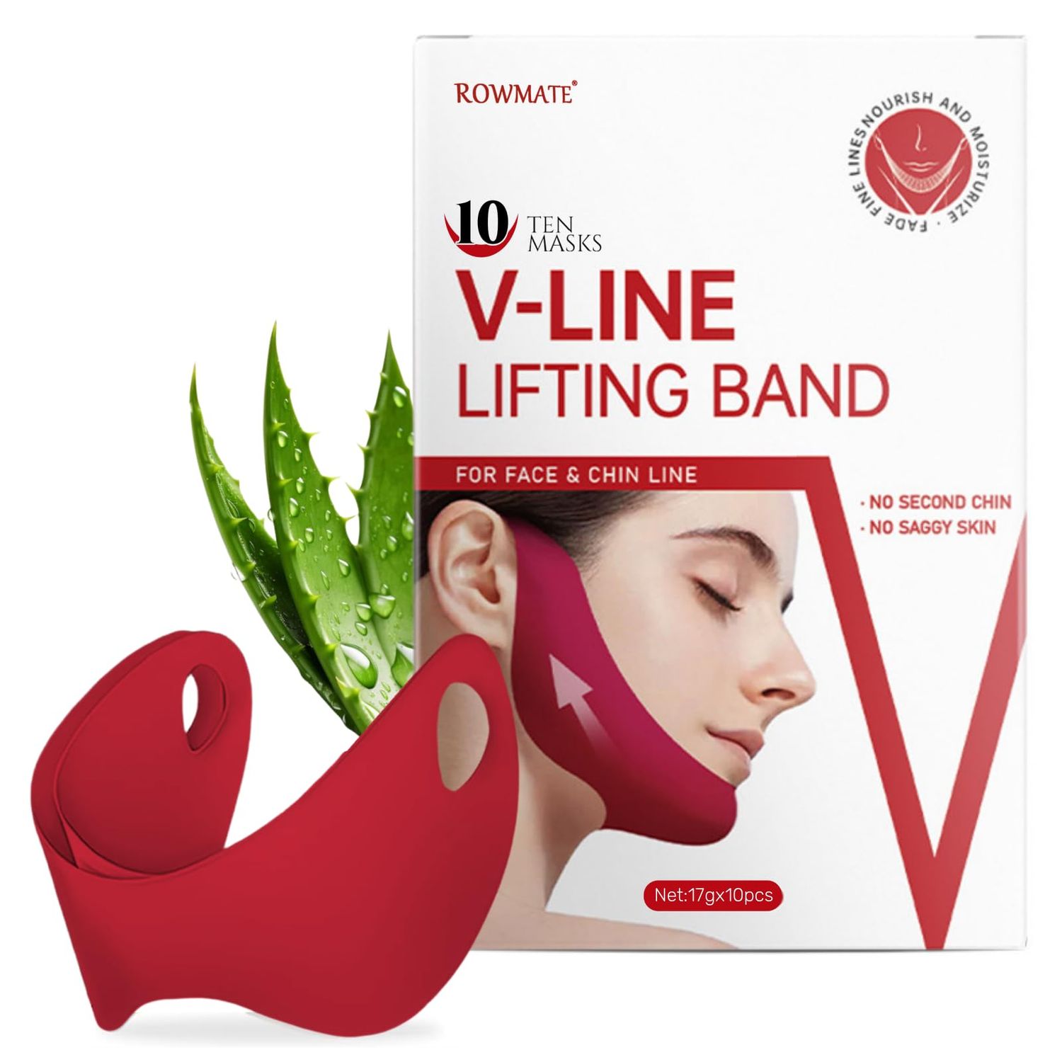 ROWMATE 10 pcs Chin Strap for Women,Toning Hydrogel Collagen Mask with Hyaluronic Acid &amp; Aloe Vera, red