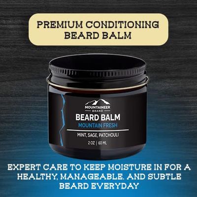 Mountaineer Brand Beard Balm for Men | All Natural Leave-In Conditioner to Moisturize Dry Itchy Skin | Beard Butter Hydrates, Softens and Tames Flyaway Hair | Adds Shine | Mountain Fresh Scent 2oz