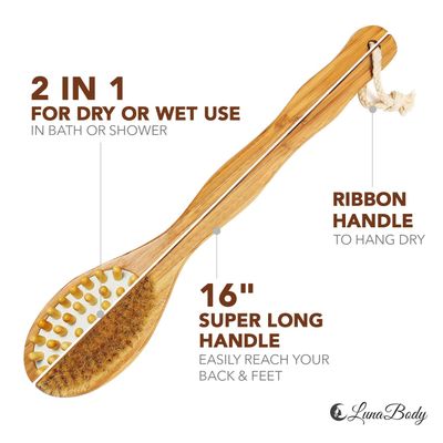 LU2000 Bamboo Body Brush for Back Scrub, Natural Boar Bristle Shower Brush Scrubber with Long Handle, Exfoliate Skin and Cellulite - Wet or Dry