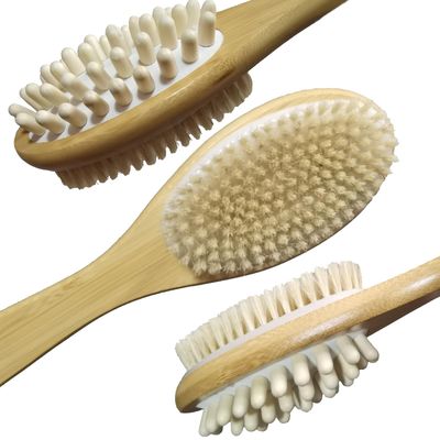 LU2000 Bamboo Body Brush for Back Scrub, Natural Boar Bristle Shower Brush Scrubber with Long Handle, Exfoliate Skin and Cellulite - Wet or Dry