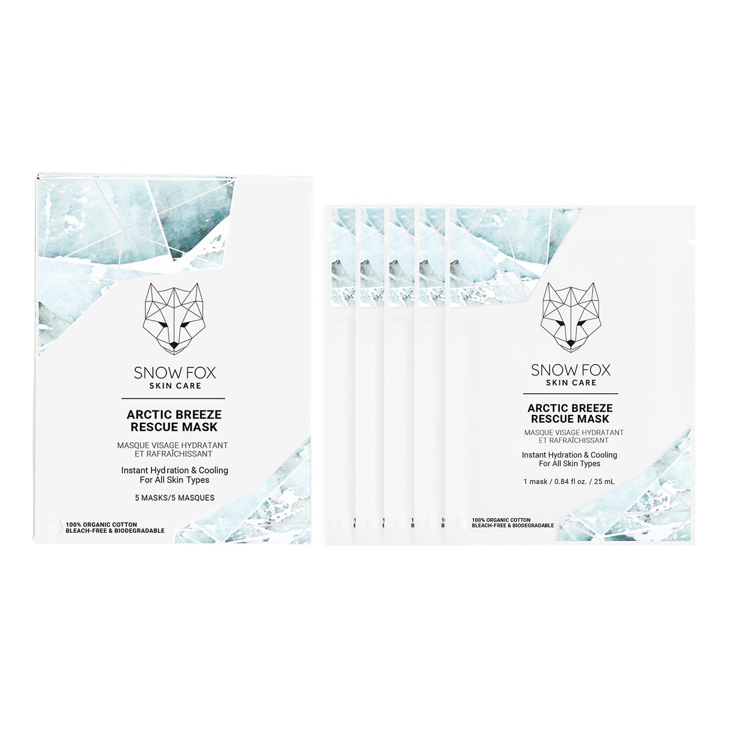 Snow Fox Skincare - Arctic Breeze Rescue Mask - Peppermint Oil, Aloe Vera, Seaweed Extract | Hydrating, Soothing Skin Redness &amp; Irritation | Post-Sun Recovery | Premium Organic Cotton - 5 Pack