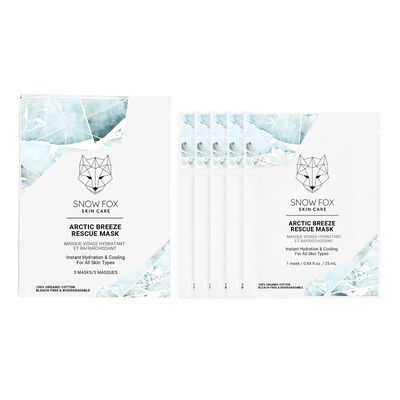 Snow Fox Skincare - Arctic Breeze Rescue Mask - Peppermint Oil, Aloe Vera, Seaweed Extract | Hydrating, Soothing Skin Redness &amp; Irritation | Post-Sun Recovery | Premium Organic Cotton - 5 Pack