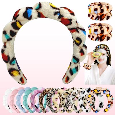 Nisstiiv Mimi and Co Spa Headband for Women, Sponge Washing Face, Makeup Skincare Puffy Headband, Terry Towel Cloth Skincare, with 2pcs Face Wristbands (Rainbow leopard print)