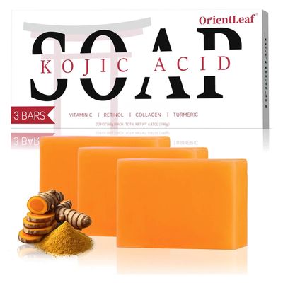 ORIENTLEAF Kojic Acid Soap, Turmeric Soap Bar, Fresh Citurs Scent, Gentle for face and body with Vitamin C, Shea Butter, Retinol, Olive Oil, Collagen (3 PACK)