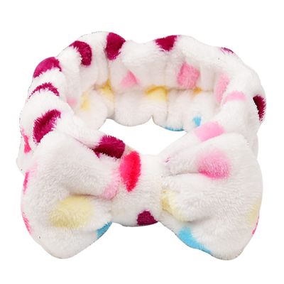 Peuesty Spa Headband, Bow Makeup Headband for Washing Face, High Elasticity Bowknot Coral Fleece Skincare Headbands for Women Girls (White, MultiColor Dots)