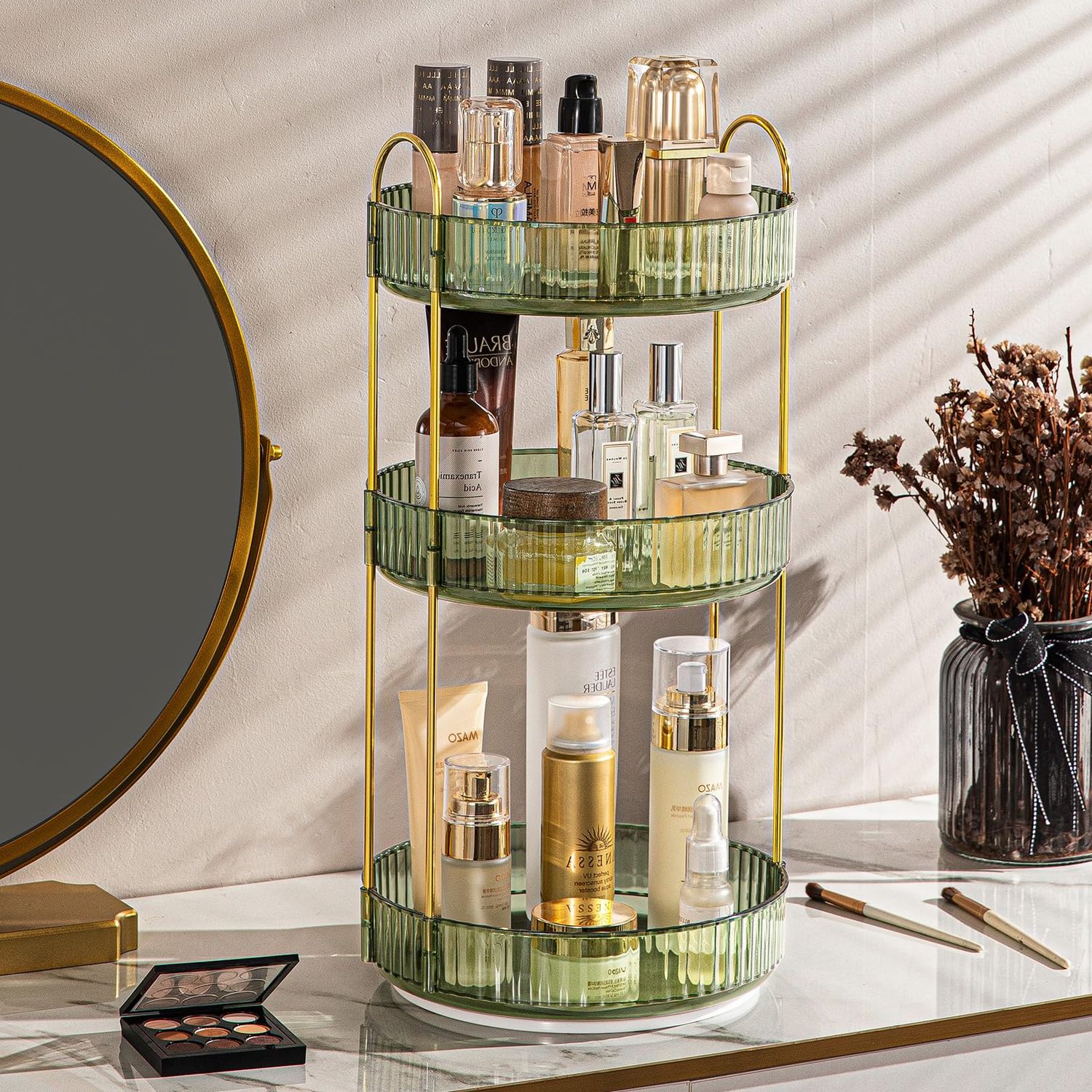 Rotating Makeup Organizer for Vanity 3 Tier, 360 Spinning High-Capacity Skincare Clear Make Up Storage Perfume Organizers Cosmetic Dresser Organizer Countertop (Transparent Green)