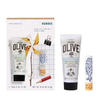 KORRES Winter Essentials Hand and Lip Care Set, Gift Set for Men and Women, with Nourishing Lipbalm Thyme Honey 4.5 g + Olive Sea Salt Hand Cream 75 ml
