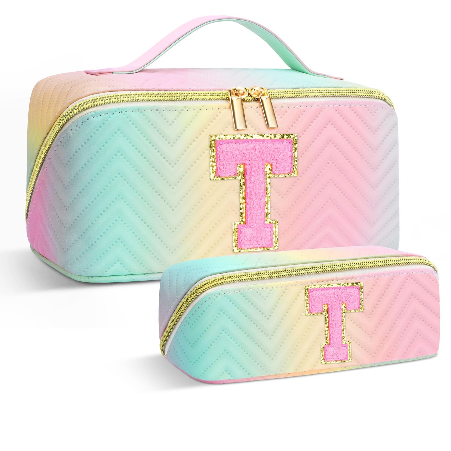 Travel Makeup Bag, Personalized Initial Preppy Makeup Bag Trendy Valentine&#39;s Day &amp; Birthday Gift for Teen Girls/Women, PU Leather Waterproof Portable Skincare Cosmetic Bag, Toiletries Makeup Bag