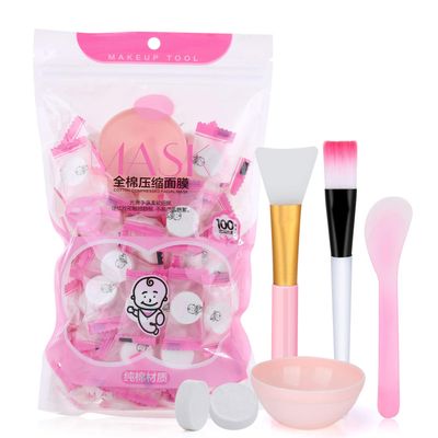 Pormasbenzer 100Pcs DIY Compressed Cotton Face Mask Sheet Grain, Dry Mask Paper Face Cotton Mask Sheet with Free of Mask Bowl, Mask Stick, Silicone Brush, Soft Bristle Brush