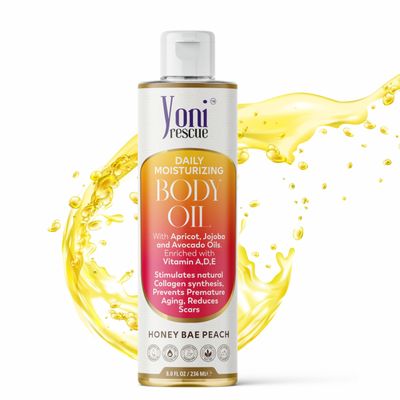 Yoni Rescue Daily Skin Moisturizing Body Oil with Apricot, Jojoba, Avocado Oil &amp; Vitamin E Oil | Hydrating &amp; Nourishing Bath Oil for all Skins | After Shower Oil 8oz Honey Bae Peach Scented Oil