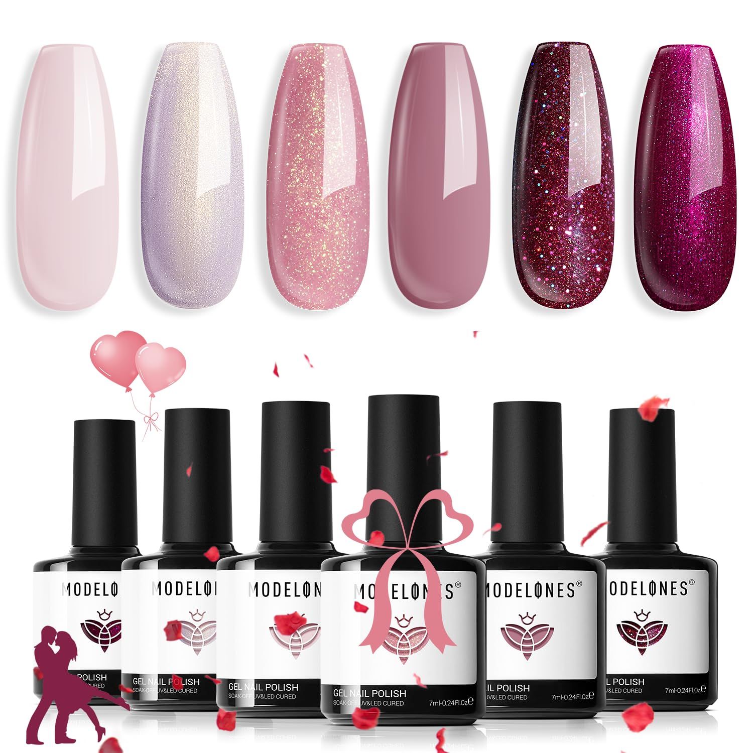 Modelones Gel Nail Polish Set, 6 Colors Rose Garden Neutral Nude Pink Gel Polish Burgundy Red Pearl White Shimmer Peach Pink Galaxy Grape-Purple Glitter Gel Polish Valentines Day Soak Off LED Gel Gift