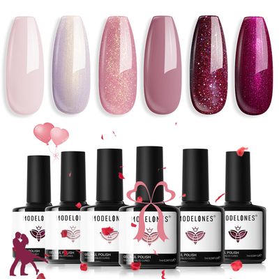 Modelones Gel Nail Polish Set, 6 Colors Rose Garden Neutral Nude Pink Gel Polish Burgundy Red Pearl White Shimmer Peach Pink Galaxy Grape-Purple Glitter Gel Polish Valentines Day Soak Off LED Gel Gift