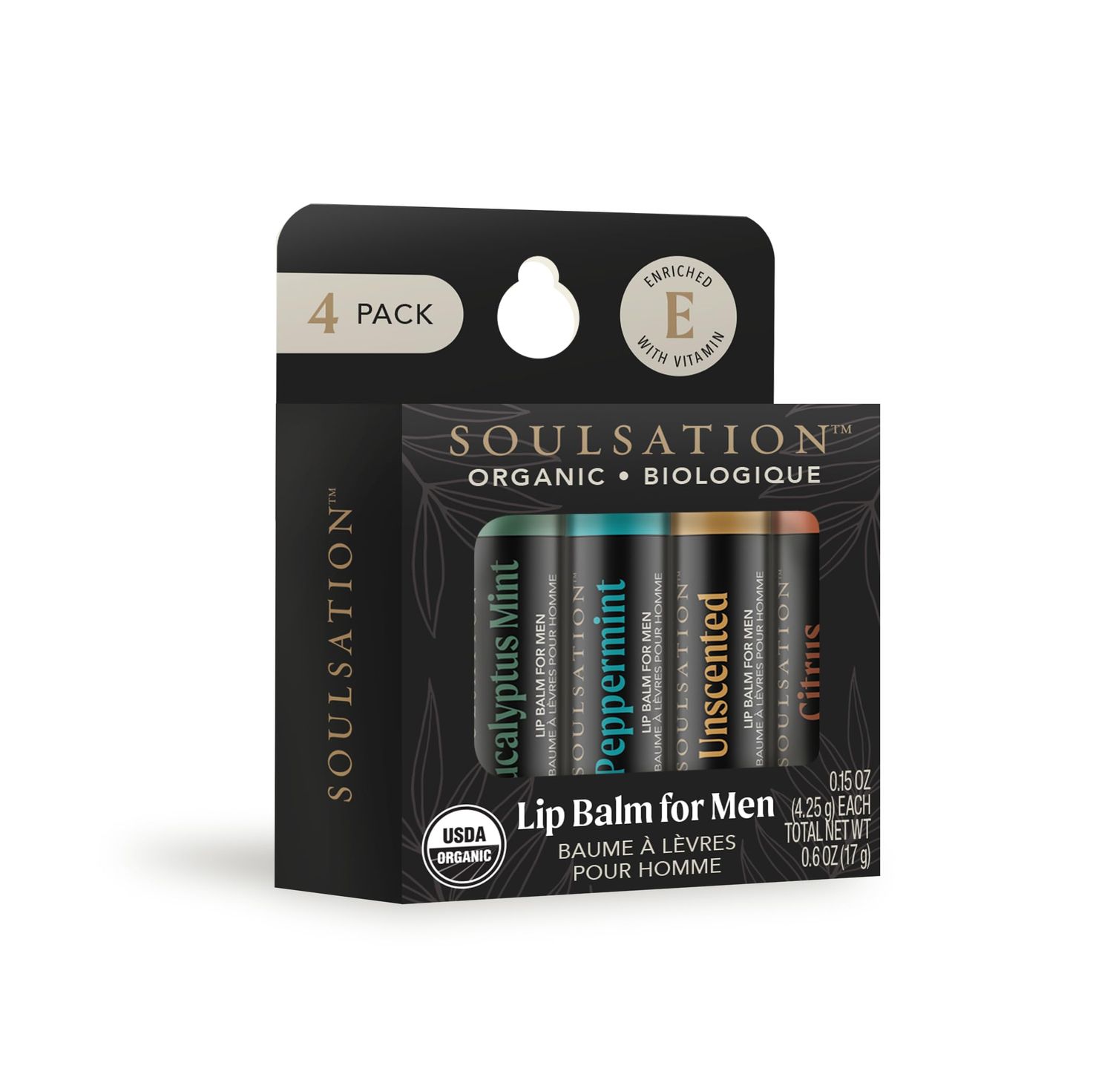 Soulsation Organic Lip Balm Set, 4 Flavors - For Men, Moisturizing for Cracked &amp; Dry Lips