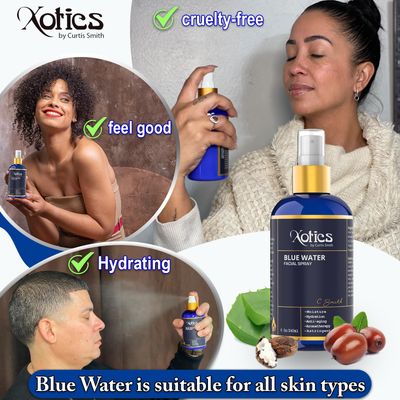 Xotics Blue Water Facial Spray - 8oz - Hydrating Face Mist Spray with a Blend of Aloe Vera - Refreshing Facial Toner Spray for Men & Women, Aftershave, Daily Moisturizing Facial Splash All Skin Types
