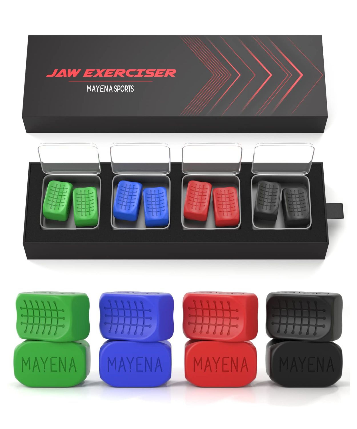 Mayena Jaw Exerciser for Men &amp; Women | 4 Resistance Levels Silicone Jawline Shaper Set | Core Strength Upgraded Model | Powerful Jaw Trainer for Multiple Strength Levels | Slims &amp; Tones the Face