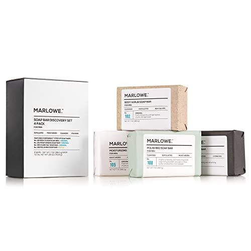 MARLOWE. Soap Discovery Gift Set, Mens Skin Care Variety Selection of Exfoliating Body Scrub, Charcoal, Moisturizing &amp; Polishing Body Bar Soaps for Men, 4 Pack