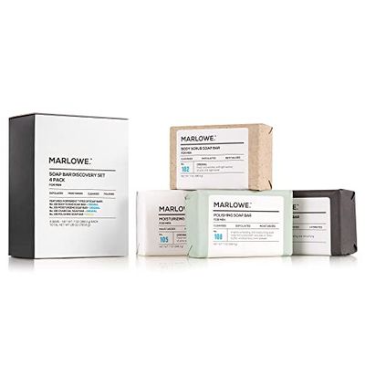 MARLOWE. Soap Discovery Gift Set, Mens Skin Care Variety Selection of Exfoliating Body Scrub, Charcoal, Moisturizing &amp; Polishing Body Bar Soaps for Men, 4 Pack