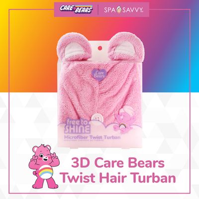 Spa Savvy Care Bears Microfiber Hair Towel Wrap, Cheer Bear Women's Quick Dry Twist Turban for Wet Hair, Lightweight and Absorbent, Pink