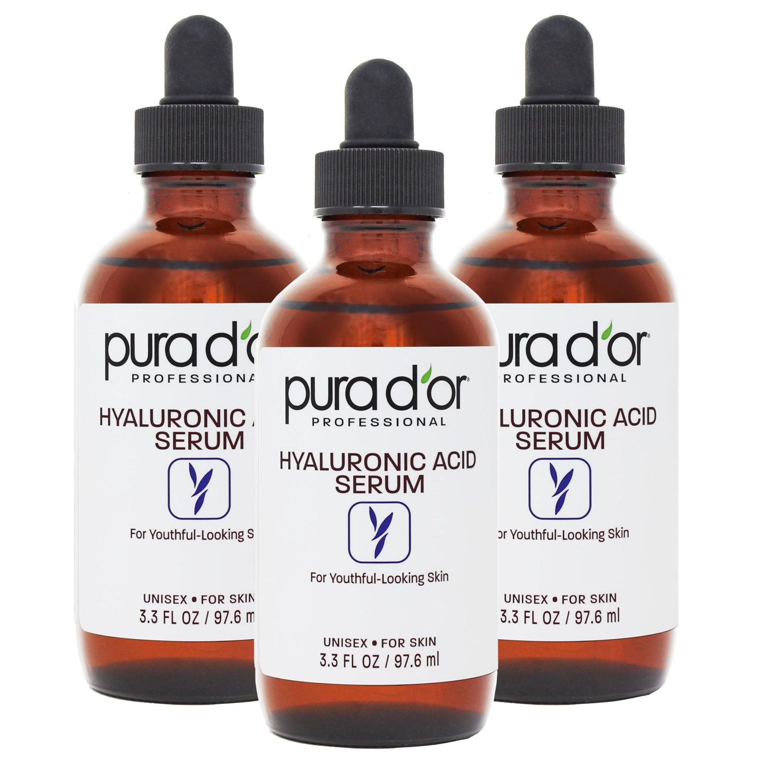 PURA D&#39;OR Hyaluronic Acid Serum For Deep Hydration (3.3oz x3 = 9.9oz) Anti-Aging, Plumping &amp; Moisturizing Formula For Smooth, Supple Skin - Natural Skincare Boost - Fine Lines &amp; Wrinkle Reducer