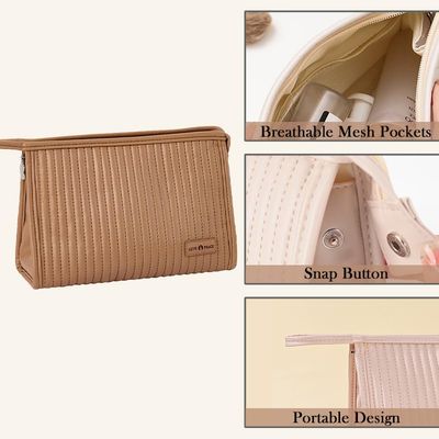 kamumanni Travel Makeup Bag, Large Makeup Pouch with Flat Bottom for Women, Travel Pouch Organizer for Brushes, Skincare Products, Cosmetics, Coffee