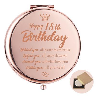 Lcoanriut 18th Birthday Gifts for Her, Best Gifts for 18 Year Old Girl Rose Gold Compact Mirror, Inspirational Gifts Happy 18th Birthday Gifts for Teen Sister Daughter Travel Makeup Mirror