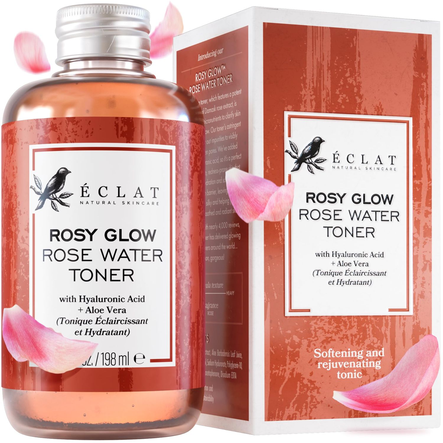 Rose Water Toner - Pure Rose Water with Hyaluronic Acid &amp; Aloe Vera, Pore Minimizer Facial Toner, Hydrating Face Toner for Women, Rejuvenating and Soothing Skin Toner